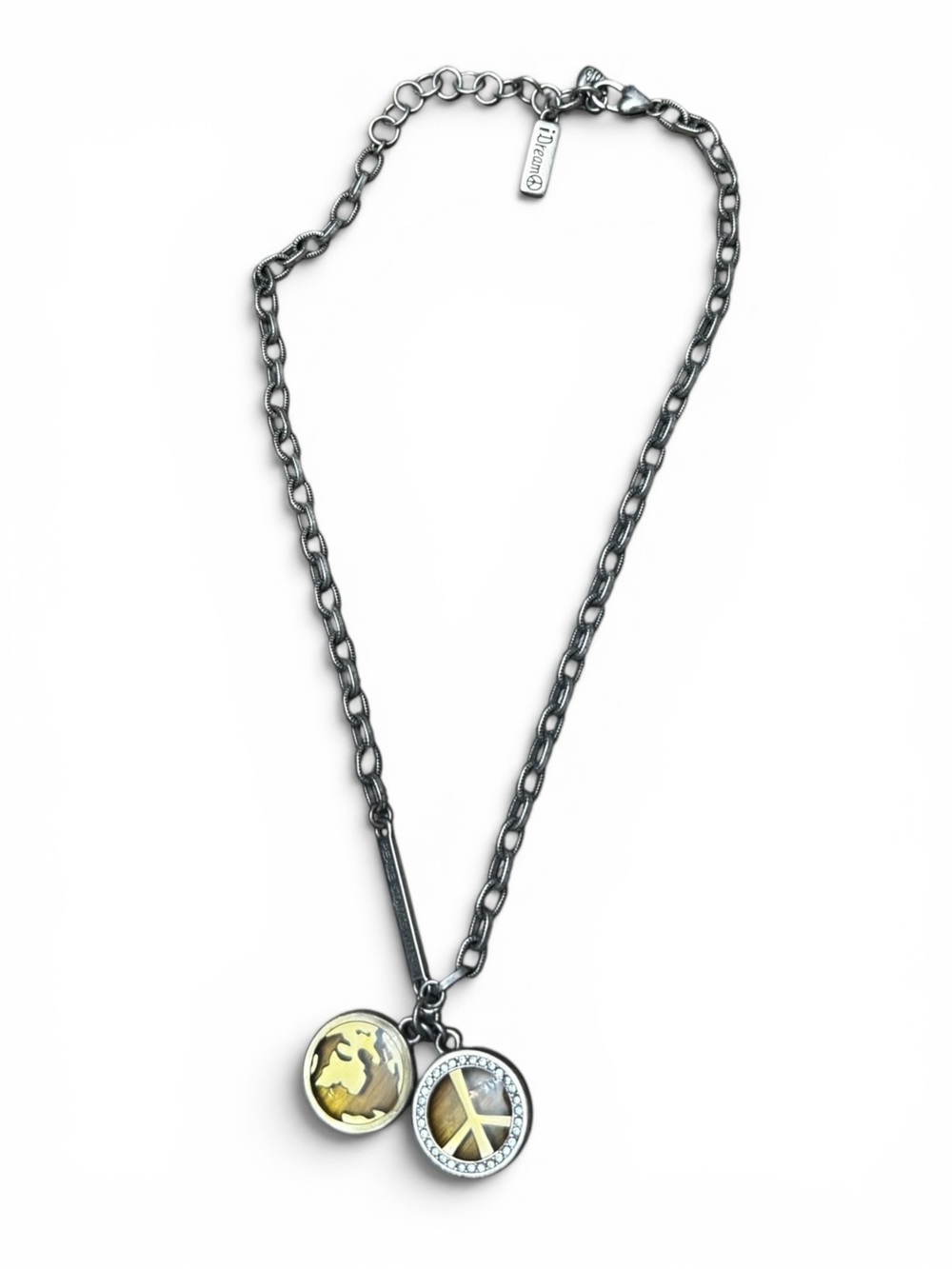 Vintage BRIGHTON Deco Earth I Dream Peace Silver Double Pendant Charm Necklace